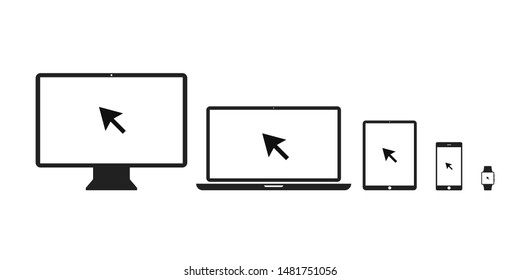 Personal comouter laptop tablet smartphone and watch with pointer or cursor icon isolated. Notebook screen template. Display with clicking mouse. EPS 10
