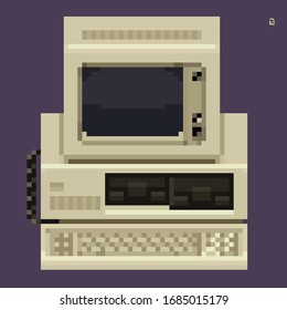 Computadora personal de 80. Ilustración de arte de Pixel.