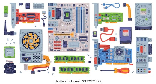 Personal Computer Accessories and Components for Repair Vector Set