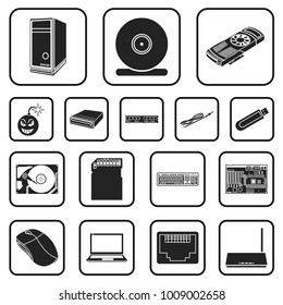 Personal computer black icons in set collection for design. Equipment and accessories vector symbol stock web illustration.