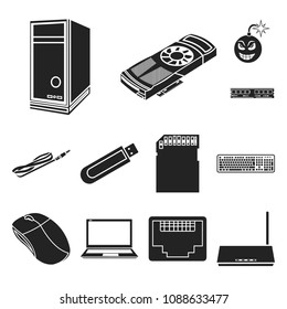 Personal computer black icons in set collection for design. Equipment and accessories vector symbol stock web illustration.