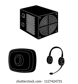 Personal computer black icons in set collection for design. Equipment and accessories vector symbol stock web illustration.