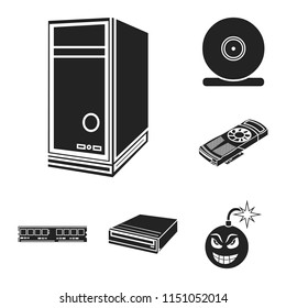 Personal computer black icons in set collection for design. Equipment and accessories vector symbol stock web illustration.