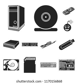 Personal computer black icons in set collection for design. Equipment and accessories vector symbol stock web illustration.