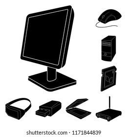 Personal computer black icons in set collection for design. Equipment and accessories vector symbol stock web illustration.