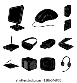 Personal computer black icons in set collection for design. Equipment and accessories vector symbol stock web illustration.