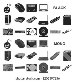 Personal computer black icons in set collection for design. Equipment and accessories vector symbol stock web illustration.