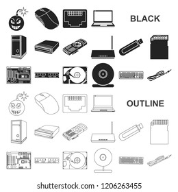 Iconos negros de equipo personal en la colección set para el diseño. Ilustración web de material y accesorios para símbolos vectoriales.