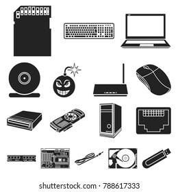 Personal computer black icons in set collection for design. Equipment and accessories vector symbol stock web illustration.