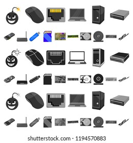 Personal computer cartoon icons in set collection for design. Equipment and accessories vector symbol stock web illustration.