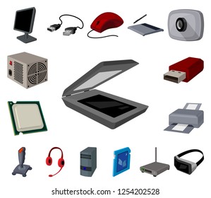 Personal computer cartoon icons in set collection for design. Equipment and accessories vector symbol stock web illustration.