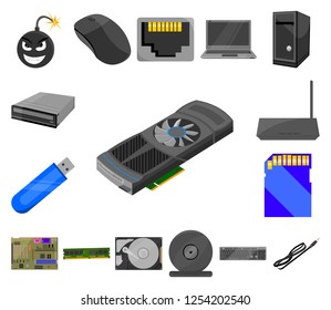 Personal computer cartoon icons in set collection for design. Equipment and accessories vector symbol stock web illustration.