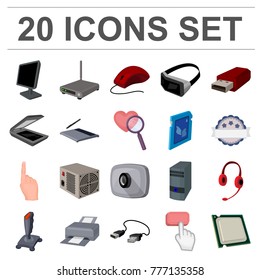 Personal computer cartoon icons in set collection for design. Equipment and accessories vector symbol stock web illustration.