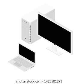 Personal computer case, keybord and monitor. Laptop computer. Isometric view isolated on white background.