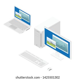 Personal computer case, keybord, mouse, monitor and laptop computer with city and mountain landscape isometric view isolated on white background.