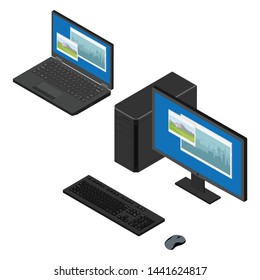Personal computer case, keybord, mouse, monitor and laptop computer with city and mountain landscape isometric view isolated on white background.
