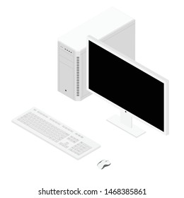 Personal computer case, keybord, mouse and monitor isometric view isolated on white background.