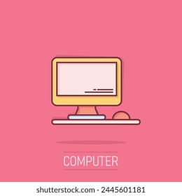 Personal computer in comic style. Desktop pc cartoon vector illustration on isolated background. Monitor display splash effect sign business concept.