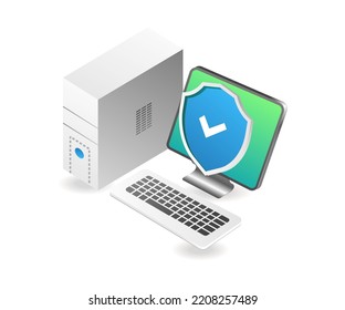 Personal computer data security in isometric flat illustration