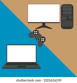 Personal computer, desktop compute, laptop, game controller, gamepad on blue and brown background. Flat vector illustration.