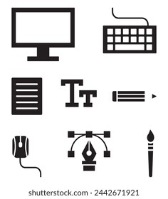 Personal computer devices and digital art symbols.