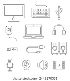 Iconos vectoriales de dispositivos informáticos personales y símbolos multimedia digitales.