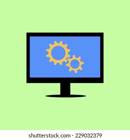 Personal computer with gear wheels as settings icon in flat style