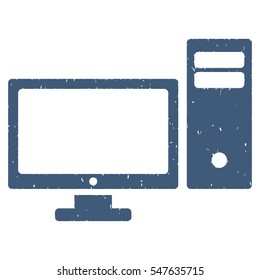 Personal Computer grainy textured icon for overlay watermark stamps. Flat symbol with scratched texture. Dotted vector blue ink rubber seal stamp with grunge design on a white background.