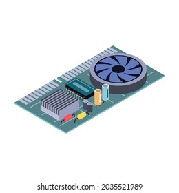 Personal computer hardware with video graphic card isometric icon vector illustration