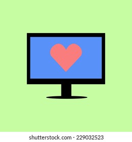 Personal computer with heart icon in flat style