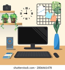 personal computer in home office, flat vector, illustration design.
