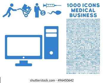Personal Computer icon with 1000 medical commercial cobalt vector design elements. Design style is flat symbols, white background.