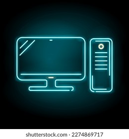 Icono de ordenador personal con estilo neón. Monitor y unidad del sistema en efecto neón. Fondo oscuro. Ilustración vectorial. Neon resplandece. Ordenador y monitor. Eps 10.