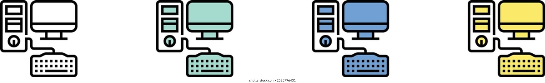 icono de equipo personal. Esquema, diseño de estilo verde, azul y amarillo aislado sobre fondo blanco