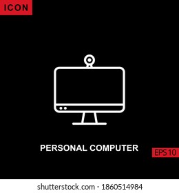 Personal Computer icon outline, line, lineal or linear on black background. Illustration for graphic, print media interfaces and web design.