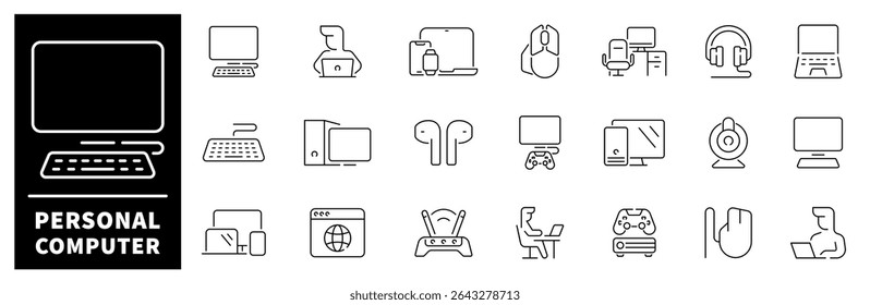 Personal computer icon set. Thin line icons set related to personal computer and devices. PC web icons in line style. Collection of computer related outline icons