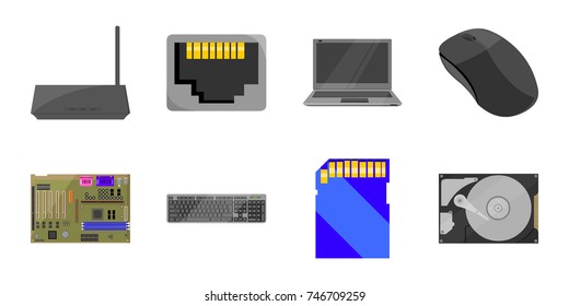 Personal computer icons in set collection for design. Equipment and accessories vector symbol stock web illustration.