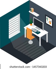 personal computer in isometry, pc, browser, internet, monitor, desktop, office desk, workplace, room
