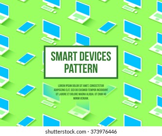 Personal computer, laptop, phone seamless flat pattern for background with 3d effect. Material design