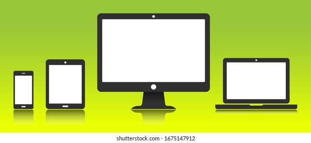 Equipo personal, portátil, Smartphone y maqueta de Tablet configuradas como fondo tecnológico. Plantilla de gadgets en blanco para campaña publicitaria y medios sociales.