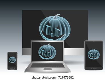 Personal computer, laptop, tablet and smartphone displaying a modern skull in halloween modern jack o lantern