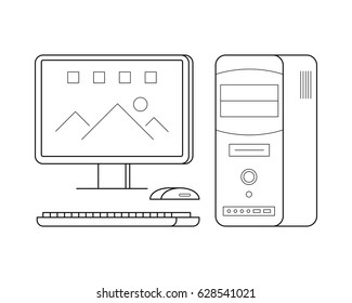 Personal computer line art, mouse, keyboard, processor, simple gadget icon for web application, outline vector pictogram isolated on a white background, desktop device