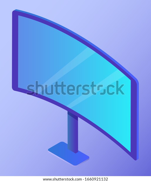 Personal computer or LSD television, used for work\
and study. Electronic device isolated on blue background. Square\
shaped wire monitor or display turned on. Vector illustration,\
isometric style