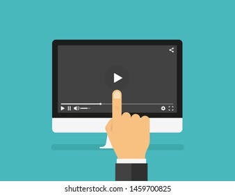 Personal computer with media player. Hand clicking player. Media screen digital technology. Trendy flat style. EPS 10