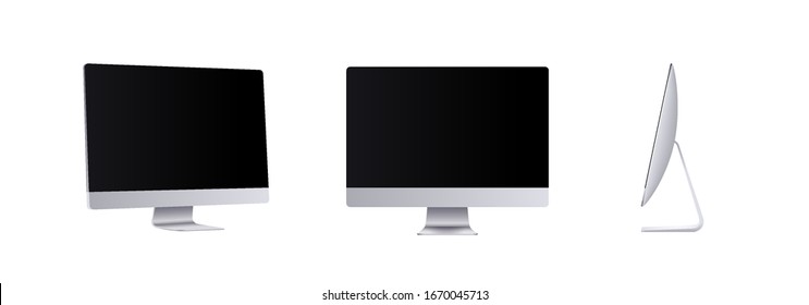 Personal Computer Mockup In Front, Side And Angle View. Silver Modern Flat Monitor For Business Presentation Or Website Design Show. Empty Screen Device Set, 3d Vector Illustration.