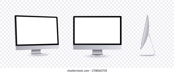 Personal computer mockup in front, side and angle view. Silver modern flat monitor for business presentation or website design show. Empty screen device set template, 3d vector illustration.