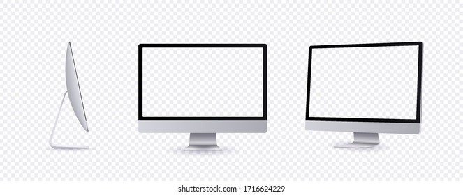 Personal Computer Mockup In Front, Side And Angle View. Silver Modern Flat Monitor For Business Presentation Or Website Design Show. Empty Screen Device Set Template, 3d Vector Illustration.