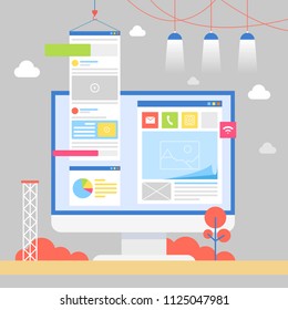 Personal computer monitor with constructed web page representing video, image and pie diagram with icons set, grey conceptual vector illustration