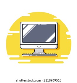 Personal computer. Monitor, keyboard. Illustration in a flat style. Vector. Icon. The drawing is blue and yellow. Office and home appliances
