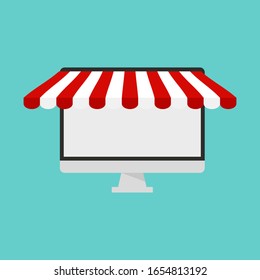 Personal computer monitor with red awning and emblem on the white background.